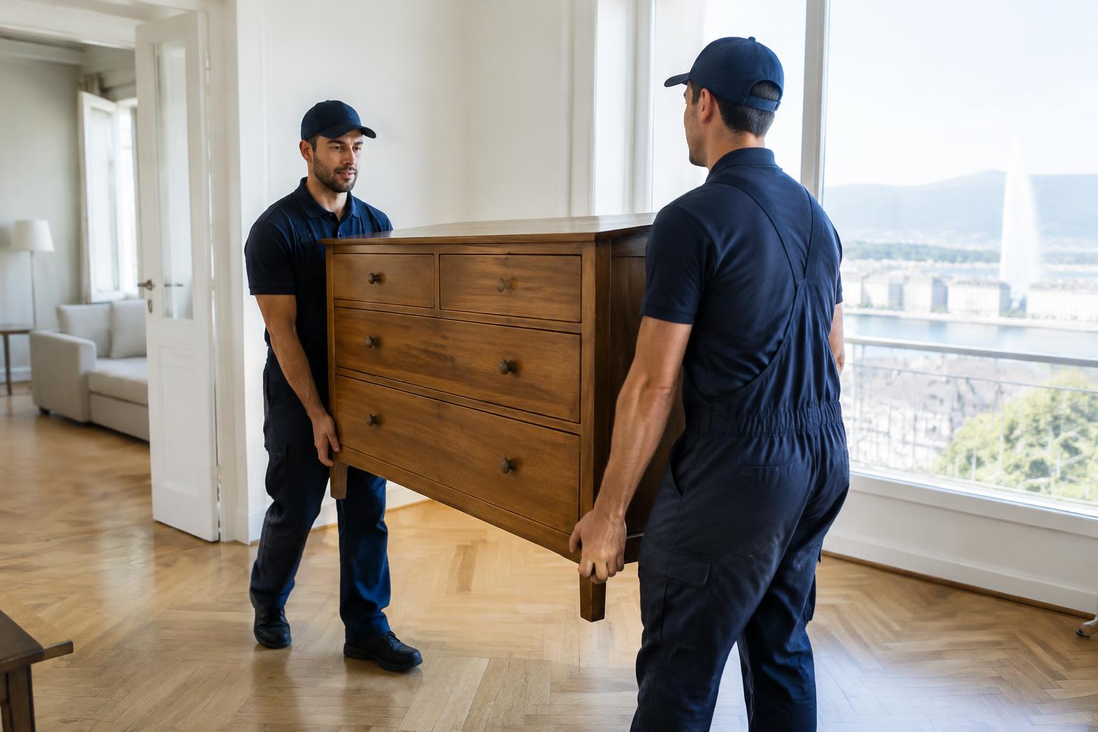 Deux déménageurs de Trans Débarras transportant une commode à Genève